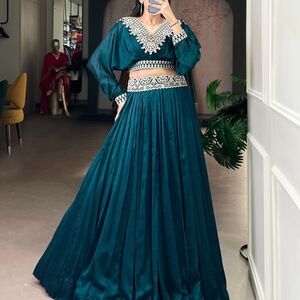Elegant Teal Maxi Dress with Intricate Embroidery
